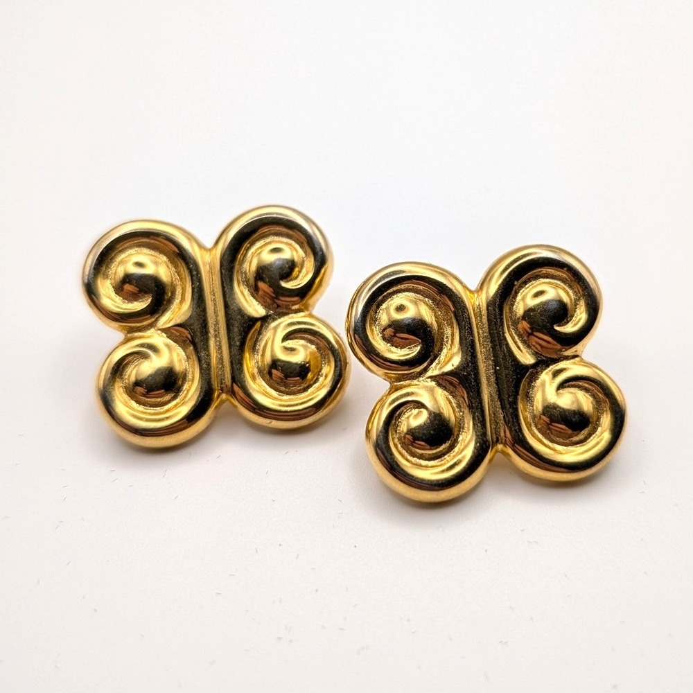 Gold Tone Scroll Stud Earrings Chunky Swirl Butterfly Motif Statement Vintage